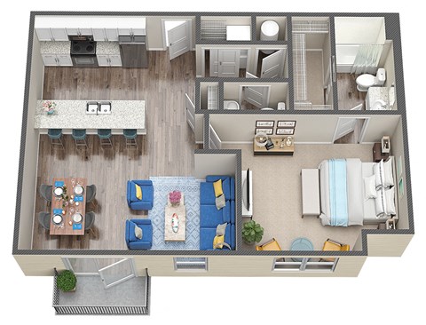Floor plan for 1 bed, 1.5 baths, 837 sqft